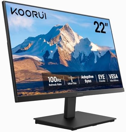 KOORUI 22 inch Computer Gaming Monitor FHD 1920 x 1080p, 100Hz PC Monitor, Adaptive Sync Compatible, Ultra-Slim Bezels, VESA Mountable 100x100mm, Adjustable Tilt, HDMI/VGA Ports