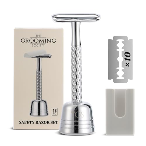 Double Edge Safety Razor with Stand and Cover for Men Single Blade Safety Razor with Chrome Plated Handle 10 Blades Metal Eco-Friendly Reusable Safety Razor for Travel Shaving