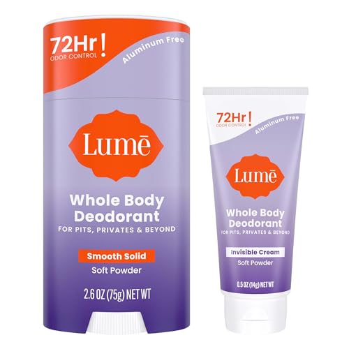 Lume Whole Body Deodorant - Invisible Cream Tube Mini and Solid Stick - 72 Hour Odor Control - Aluminum Free, Baking Soda Free, Skin Safe - 0.5 Oz Mini Tube + 2.6 Oz Solid Stick (Soft Powder)