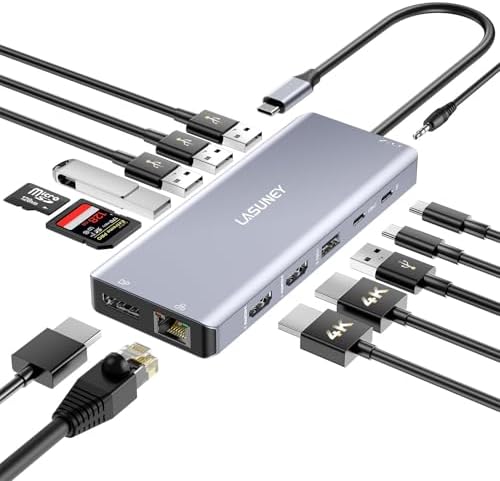 LASUNEY USB C Laptop Docking Station Dual Monitor, 14 in 1 Hub Multiport Adapter Dongle with 2 HDMI, DisplayPort, RJ45, SD/TF, USB C/A Ports, PD, Mic/Audio, Compatible for MacBook Dell HP Lenovo