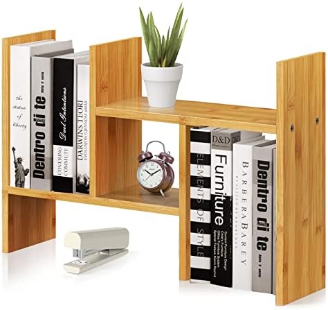 Pipishell Bamboo Desktop Shelf Organizer, Adjustable Shelves Storage Rack for Desk, Expandable Wooden Display Stand Shelf, Art Office Supplies Decor
