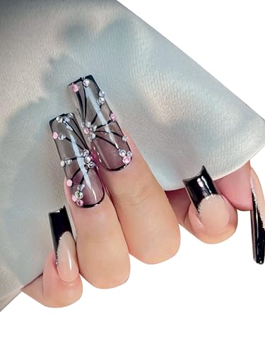 HAND-PAINTED White False Nails Set Coffin Press on Nails Pressons Kit Medium Length Stick on Nails Shoot Nail Art Short Nails with Nail Glue on Nails Square, Long Almond Nail (K32, X-Small)