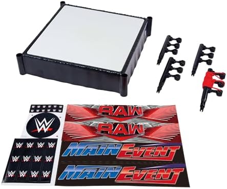 Mattel WWE Superstar Ring with Labels - Main Event & RAW, Spring-Loaded Ring Mat & Pro Tension Elastic Rope