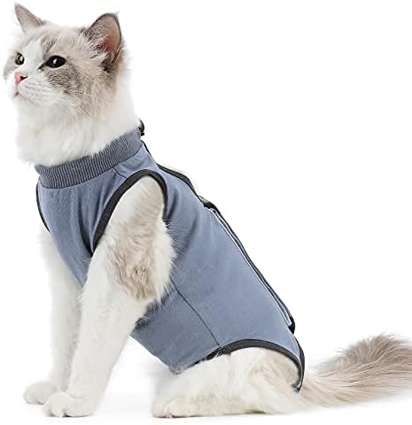 Cat Surgery Recovery Suit Cat Onesie for Cats After Surgery Spay Surgical Abdominal Wound Skin Diseases E-Collar Alternative Wear (Grey-Blue-L)