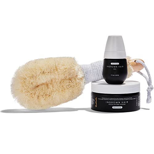 Bushbalm Ingrown Hair and Razor bumps 3 Step Routine - Moisturize and Calm - Ingrown Hair Oil (30 ml), Exfoliating Scrub (236 ml) and Nordic Dry Brush - Sweet Escape