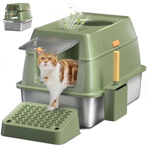 Stainless Steel Cat Litter Box with Lid, XL Large Enclosed High Sided Litter Box with Removable Lid, Carbon Filters -Odor Free, Easy Cleaning, Anti-Urine Leakage for Big Cats -Green