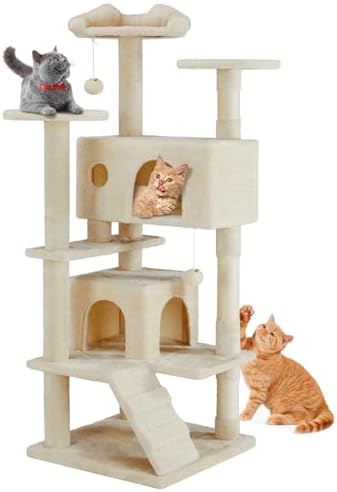 Sweetcrispy 54-Inch Cat Tree Tower – Multi-Level with Sisal Scratching Post, Perfect Pet Gift, Indoor Condo with Climbing Ladder, Plush Toy, and More Animal Stuff, Beige