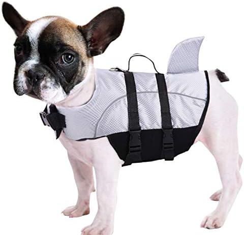 Ripstop Dog Life Jacket Shark Life Vest for Dogs, Safety Lifesaver with High Buoyancy and Lift Handle for Small and Medium Breeds（Grey L）
