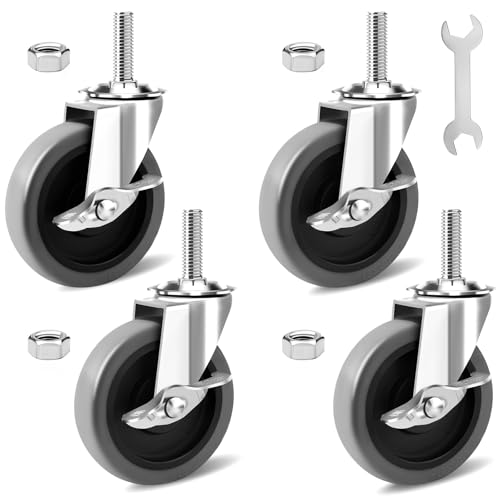 4 Inch Caster Wheels, 1/2"-13 Inch Course Threaded Stem Caster Set of 4 with Side Brake, Heavy Duty TPR Swivel Caster Wheels for Dolly Cart, Wire Shelving Industrial Screw in Casters