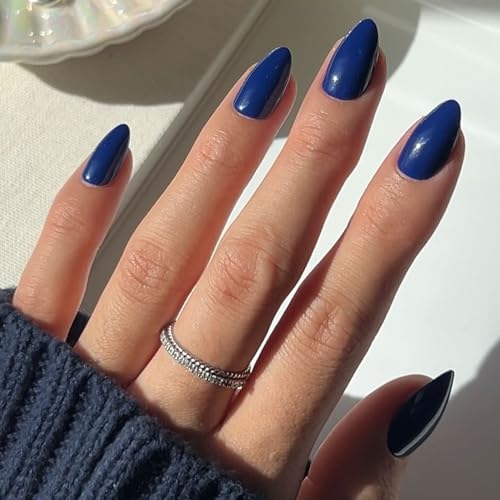 Glamnetic Press On Nails - Midnight Blue | Opaque Dark Navy Blue Short Almond False Nails, Reusable Stick On Fake Nails with Glue | Salon Quality | 15 Sizes - 30 Nail Kit