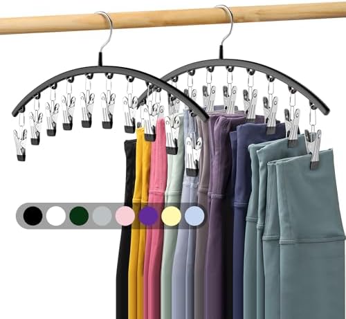 Legging Organizer for Closet, Metal Yoga Pants Hangers 2 Pack w/10 Clips Holds 20 Leggings, Space Saving Hanging Closet Organizer w/Rubber Coated Closet Organizers and Storage, Black