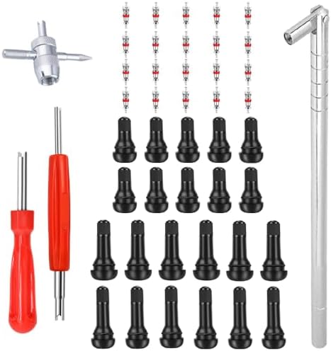 Riseuvo Valve Stem Puller Installer Tool - 10pcs TR412, 6pcs TR413, 6pcs TR414 Tire Snap in Short Rubber Valve Stem, 4 Way Valve Core Remover, Single Head Tire Valve Core Remover Installer Tool
