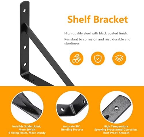 Heavy Duty Shelf Brackets 12 x 8 inches, 6 Pack Black Metal Shelves Supports, Load Capacity: 600 lb, Wall Mounted Angle L Floating Shelf Bracket, Rough Texture Powder Coating, HOME MASTER HARDWARE