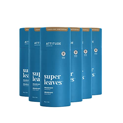 ATTITUDE Plastic-Free Deodorant, EWG Verified, Aluminum Free, Vegan Naturally Sourced Body Deodorants for Women & Men, Dermatologically Tested, Unscented, 3 Ounces (Pack of 6)