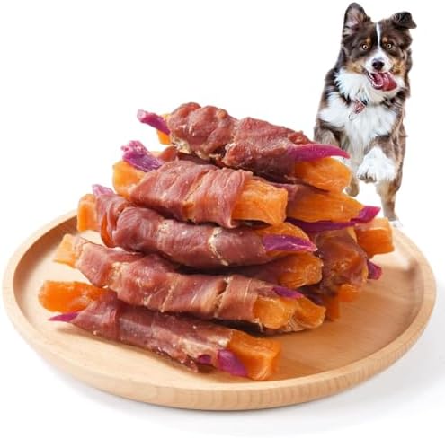 ASMPET Sweet Potato Dog Treats, Duck Wrapped Orange and Purple Sweet Potato with Taurine Grain Free Rawhide Free Long Lasting Dog Chews Eliminates Tears for Small Medium Large Breeds 10.6 oz
