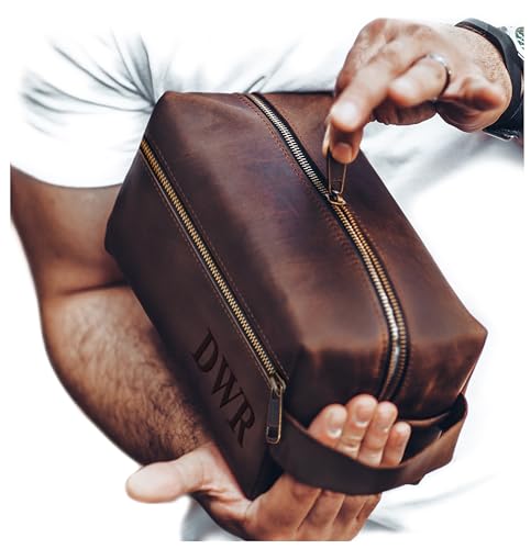 100% Genuine Leather Toiletry Bag Engraved Name or Initials – Crafted in USA – Personalized Travel Bag for Men – Customized Birthday, Anniversary, Father & Groomsmen Gift – Mens Waterproof Dopp Kit