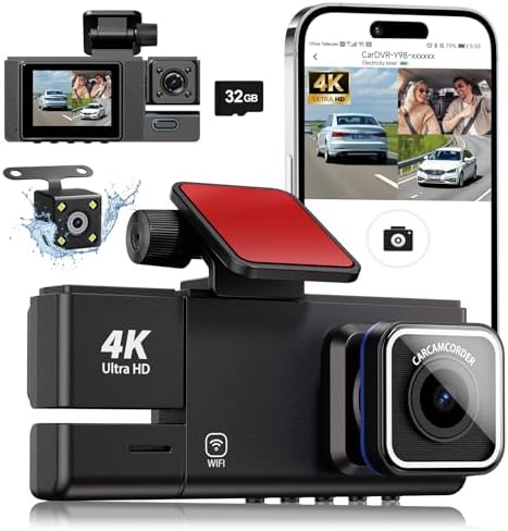 3 Channel WiFi Dash Cam, 4K UHD Dash Cam Front and Rear, Dash Camera for Cars, Car Camera with Night Vision, 24 Hours Parking Monitor, Loop Recording, HDR, App Control