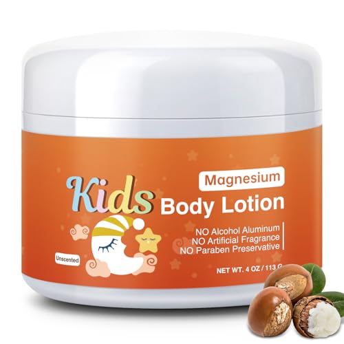 Magnesium Lotion For Kids & Babies, Bedtime Magnesium Cream For Sleep, Leg Cramps, Unscented Calming Magnesium Oil Lotion For Bone & Muscle Relaxation, Apply to Feet, Legs, Body, 4 OZ.