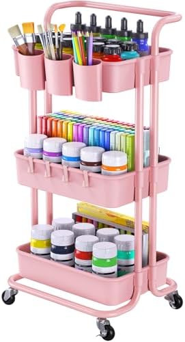 Pipishell 3-Tier Rolling Cart with Wheels, Rolling Storage Cart with 3 Hanging Cups & 4 Hooks, Mobile Utility Cart, Art Cart Organizer, Craft Cart for Office, Kitchen, Craft Room, Pink, PIUC06P