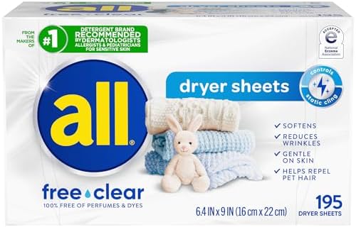 all Fabric Softener Dryer Sheets for Sensitive Skin, Free Clear, 195 Count