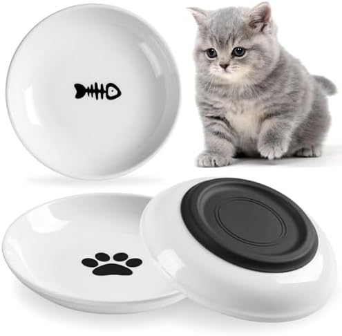 Cat Food Bowl,Healthy Ceramic Cat Bowls for Indoor Cats,Anti Whisker Fatigue Cat Dishes Set,Shallow Wide Kitten Plates for Food and Water,Non-Slip Silicone Bottom,3 Pack