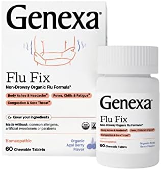 Genexa Flu Fix | Multi-Symptom Flu Remedy for Kids & Adults | Delicious Organic Acai Berry Flavor | Certified Organic & Non-GMO | Homeopathic Remedy Made Clean | 180 Chewable Tablets (3 Pack)