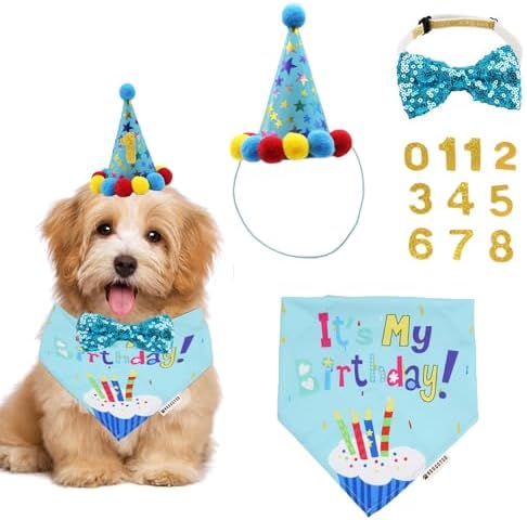 ADOGGYGO Dog Birthday Bandana Scarf and Dog Girl Boy Birthday Party Hat with Cute Dog Bow Tie for Small Dog Cat (Small, Blue)