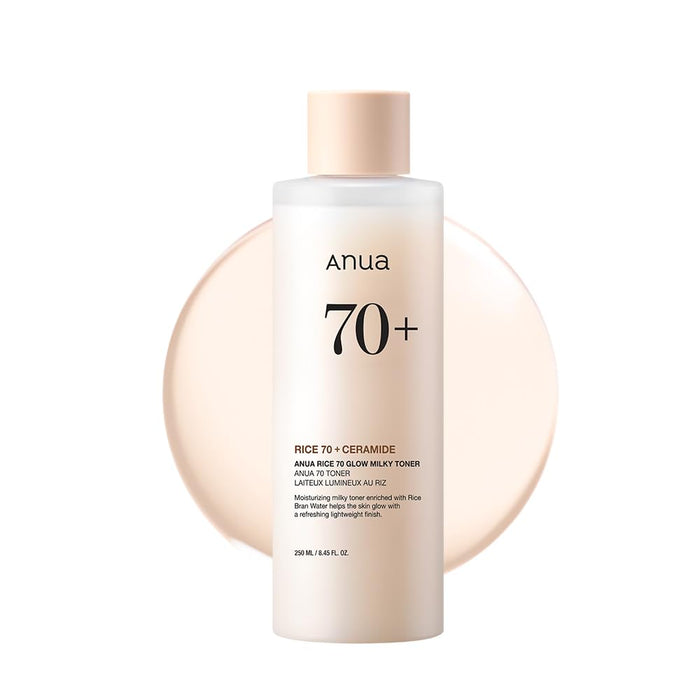 ANUA Rice 70 Glow Milky Toner, for Glass Skin and Brightening, Rice Water, Niacinamide, Ceramides, Panthenol, Fragrance-Free, Non comodogenic, Fungal Acne Safe, Korean Skin Care, 250ml/8.45fl.oz.