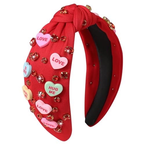 Valentine’s Day Headband for Women Candy Love Conversation Heart Headband Jeweled Beaded Heart Knotted Headband Sparkly Red Pink Rhinestone Hairband Valentines Accessories Gifts