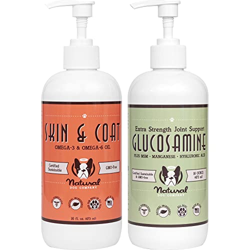 Healthy Joints, Skin and Coat Bundle for Dogs, Includes (1) 16 oz Bottle Natural Dog Company Skin and Coat Oil, (1) 16 oz Bottle Liquid Glucosamine, Food Topper, Dog's Fish Oil Supplement