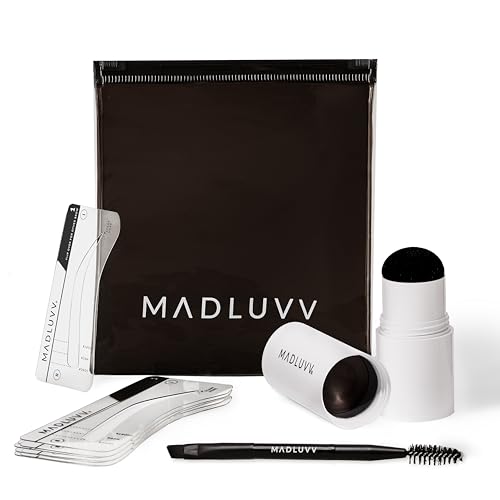 MADLUVV Eyebrow Stencil Kit - Easy-to-Use, Natural Look, 9 Popular Shapes, Used by Professionals - Includes Stamp, Stencils, Spoolie, and Travel Bag (Nearly Black)