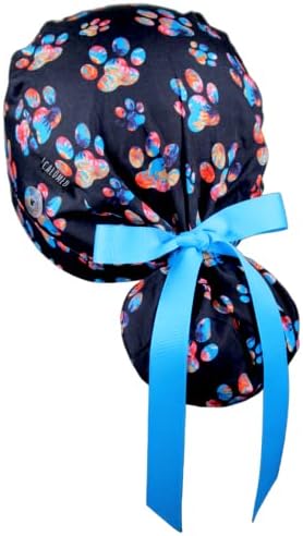 Scrub Cap for Women and Men, Ponytail Scrub Caps, Working Hat, Head Cover with Ribbon Ties and Buttons, Long Hair
