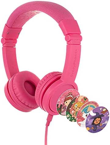 BuddyPhones Explore+, Volume-Limiting Kids Headphones, Built-in Audio Sharing Cable with in-Line Mic, for Kindle, iPad, iPhone, or Android, Rose Pink