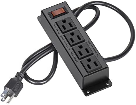 Wall Mount Power Outlet Strip, 4 Outlet Mountable Power Strip with Switch, 3ft Cord Under Desk Power Strip for Office/Industrial/Home, Flat Plug, Black