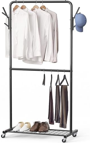 Simple Houseware Double Rod Garment Rack With Wheels and Hooks, Black