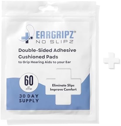 EarGripz Hearing Aid Grips – Adhesive Cushioned Pads for Secure, Comfortable Fit – Non-Slip Hearing Aid Stabilizers for BTE & RIC Devices – 60-Pack for Adults, Kids & Active Lifestyles