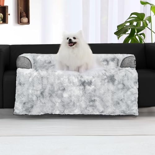 Calming Dog Couch Bed for Medium Dogs, 35 x 31 inch Waterproof Memory Foam Dog Bed for Couch, Durable Fluffy Fuzzy Dog Bed Mats with Washable Removable Cover Protector for Sofa, Tie-Dry Grey