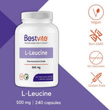 BESTVITE L-Leucine 500mg per Capsule (240 Vegetarian Capsules) - No Stearates - No Fillers - No Flow Agents - Vegan - Non GMO - Gluten Free