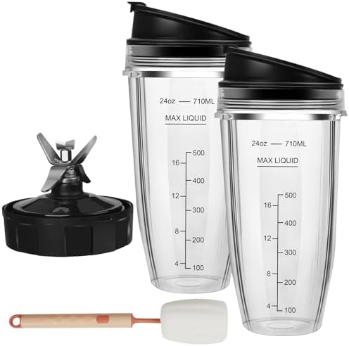 Blender Replacement Parts for Ninja, 2 24oz Ninja Blender Cups Replacement with To-Go Lids, 7-Fins Extractor Blade for Nutri Ninja Auto iQ BN401 BN751 BN801 BN800 BL682 BL480-30 NN100