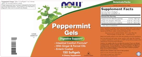 NOW Peppermint Gels with Ginger Oil and Fennel Oil, 150 Softgels, Enteric Coated