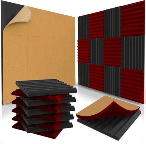 48 Pack Self-Adhesive Acoustic Panels 1 X 12 X 12 Inches - Acoustic Foam - Studio Foam Wedges - High Density Panels - Soundproof Wedges - Black/Red