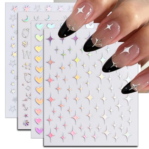 24 Sheets Aurora Nail Art Stickers, Holographic Self-Adhesive Pegatinas Uñas Glitter Design Moon Star Sparkles Heart Line Nail Decals