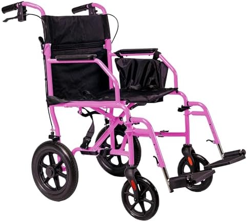 Platinum Health Hummingbird™ Ultra-Lightweight Foldable Transport Wheelchair, Handbrakes,12-Inch Rear Wheels, Extra-Wide Seat. Convenient Table-Length Padded Armrests. (Sunrise Pink)