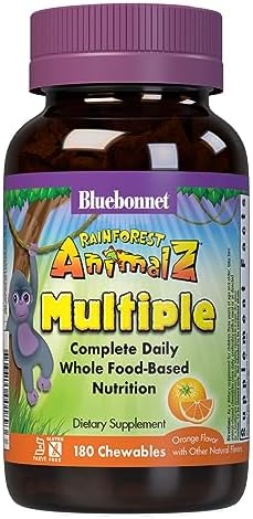 Bluebonnet Nutrition Rainforest Animalz Whole Food Based Multiple Chewable Tablet, Kids Multivitamin & Mineral, Vitamin C, D3, Iron, Gluten Free, Milk Free, Kosher, 180 Chewable Tablets, Orange Flavor