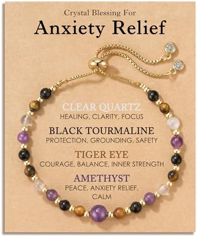 HGDEER Natural Crystal Healing Bracelet for Women - Amethyst Tiger Eye Black Tourmaline Clear Quartz - Anxiety Relief Gemstone Jewelry with Blessing Card