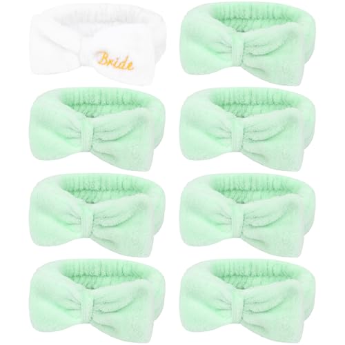 Semato Bachelorette Party Favor Set Bride Spa Headband Bride Headband and Bridesmaid Headband Skincare Headbands for Women Cute Bow Head Bands Party Supplies (1 bride+ 7green)