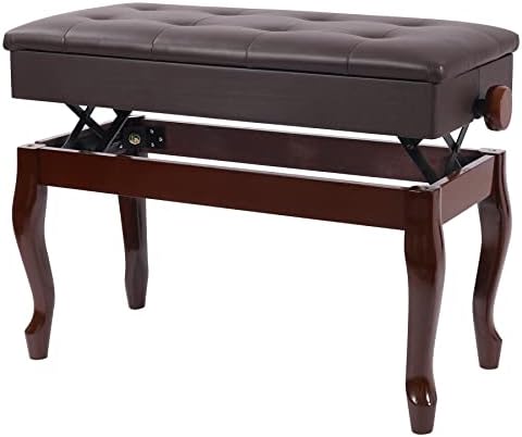 Adjustable Duet Piano Bench with Storage,Heavy Duty Wooden Double Keyboard Piano Bench Seat with PU Leather Cushion,Brown