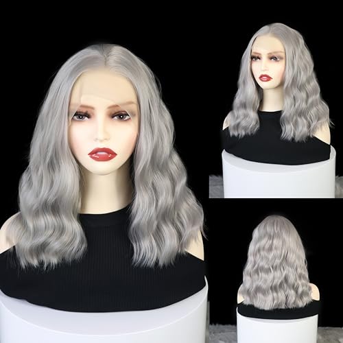 Gray Bob Curly Wig Synthetic Lace Front Wig Middle Part Lace Wigs 14Inch Synthetic Hair Wig for Women Party Use Cosplay Wigs