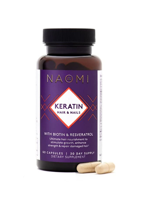 NAOMI Keratin Vegan Hair Growth Supplement for Women, Biotin (Vitamin B) & Zinc, Soluble Keratin, Strong Hair & Nails Vitamins, Added Resveratrol for Healthy Aging, 60 Capsules