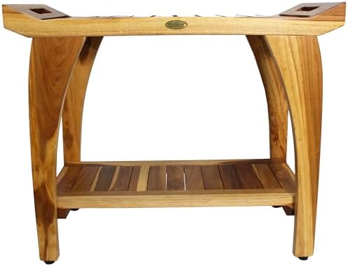EcoDecors Tranquility 30 Inch Teak Wood Shower Bench with Shelf and LiftAide Arms in EarthyTeak Finish, Extended Height 24", Provides Safety, Storage, and Organization for Bathroom Accessories